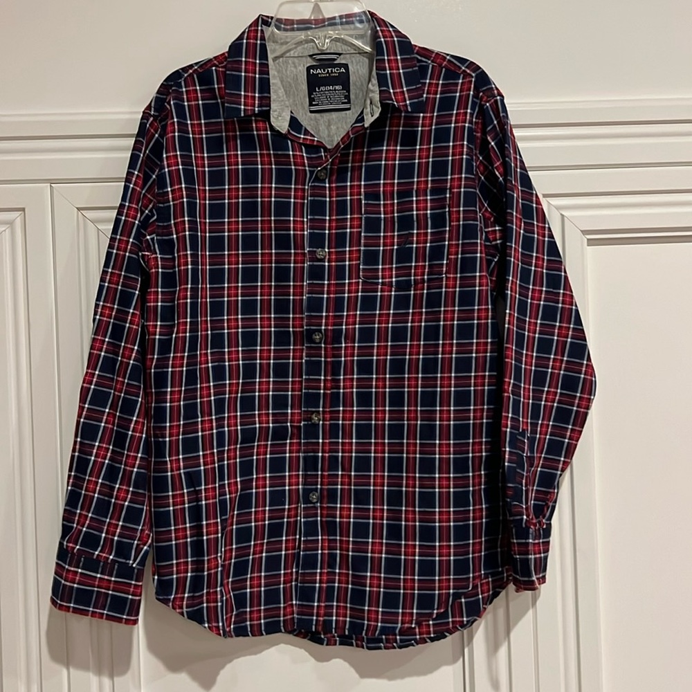 Nautica Plaid Long Sleeve Button Up Top Red, White and Blue Sz L 14/16 - Picture 1 of 7